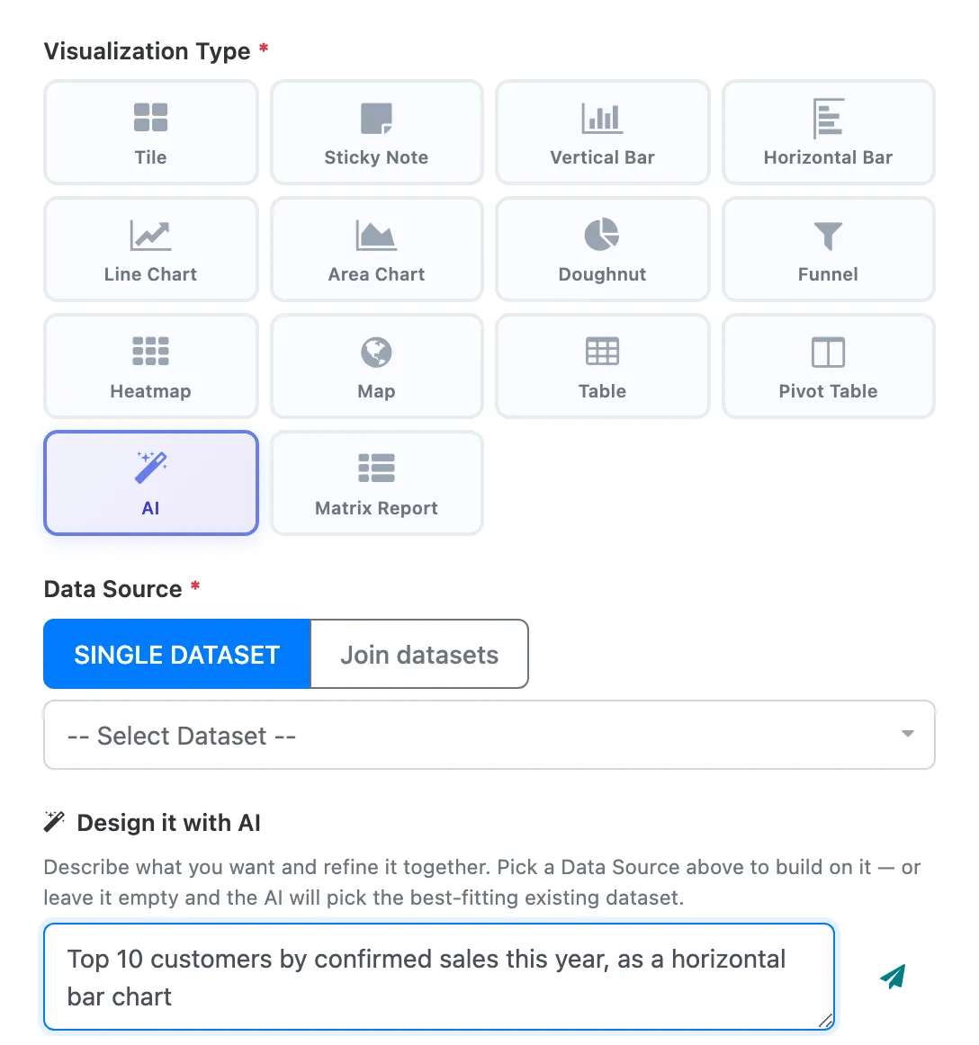 A new item with the AI visualization type selected, no dataset picked, and a request for the top 10 customers as a horizontal bar chart in the Design it with AI box