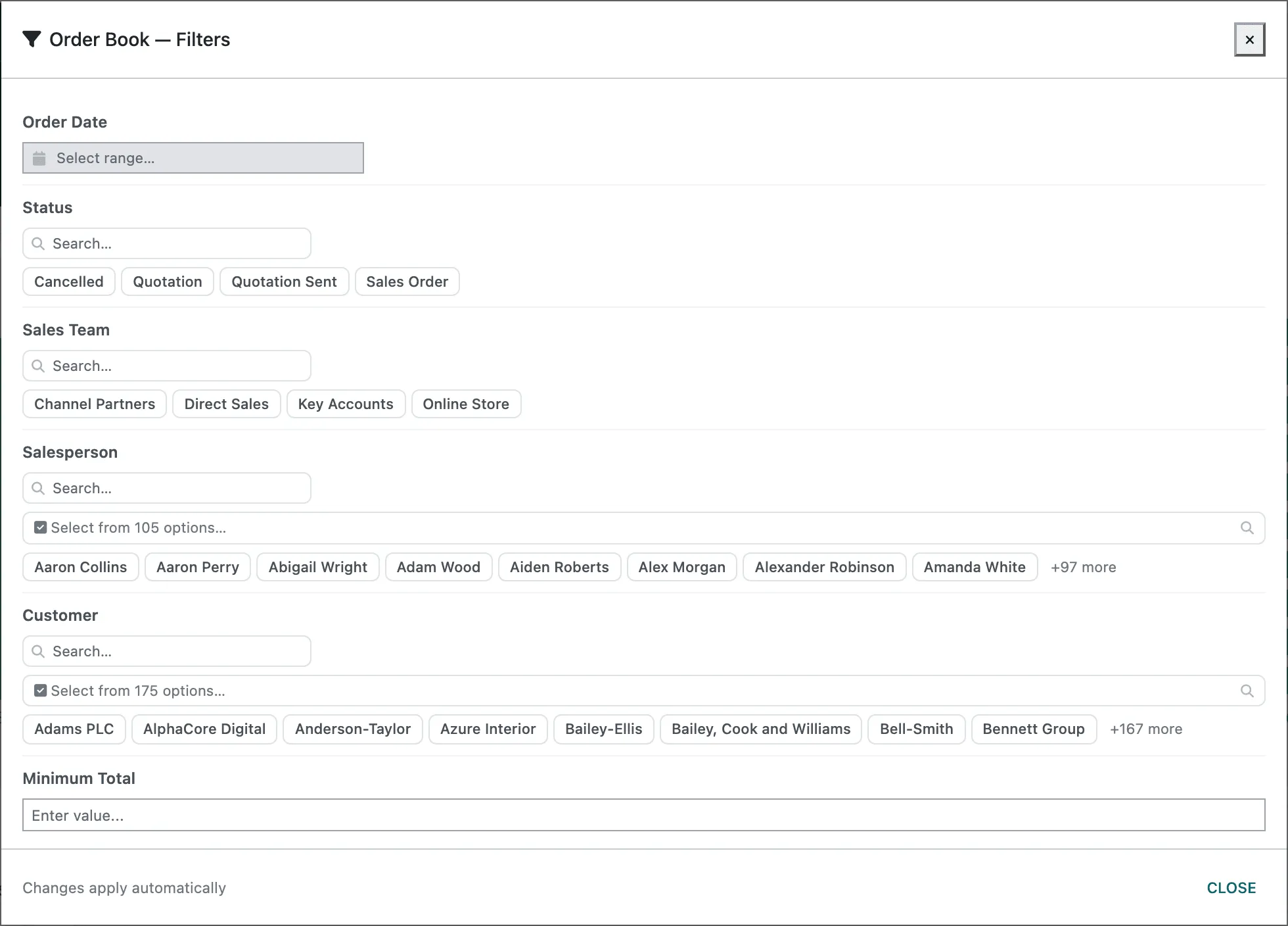 The Order Book — Filters window with Order Date, Status, Sales Team, Salesperson, Customer and Minimum Total