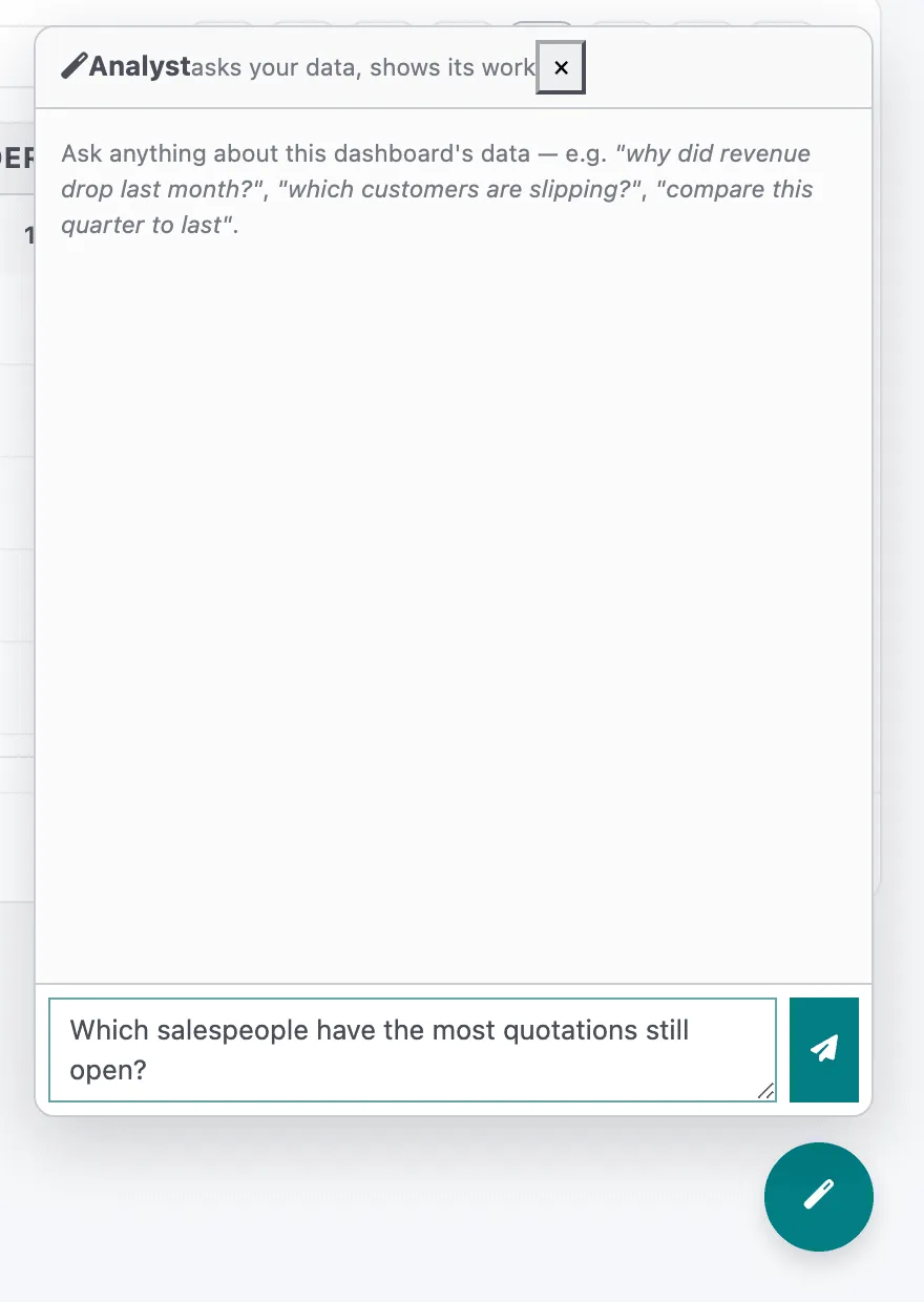 The Analyst panel with its example questions and a question about open quotations typed in the box