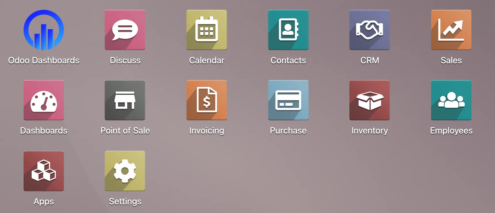 The Odoo home screen with the Odoo Dashboards app icon next to Discuss, Sales, Invoicing and the other apps