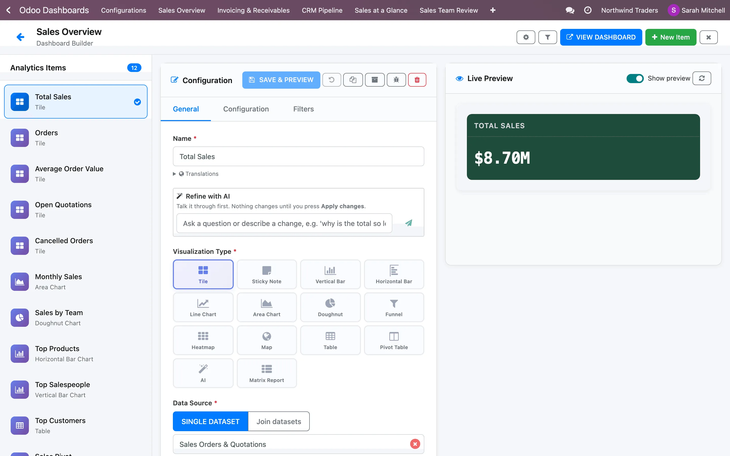 The Dashboard Builder editing a tile: the item list on the left, settings in the middle and the live preview on the right