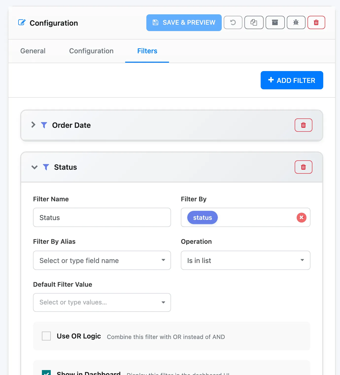 The Filters tab of the Order Book table with the Status filter open: Filter Name Status, Filter By status, Operation Is in list