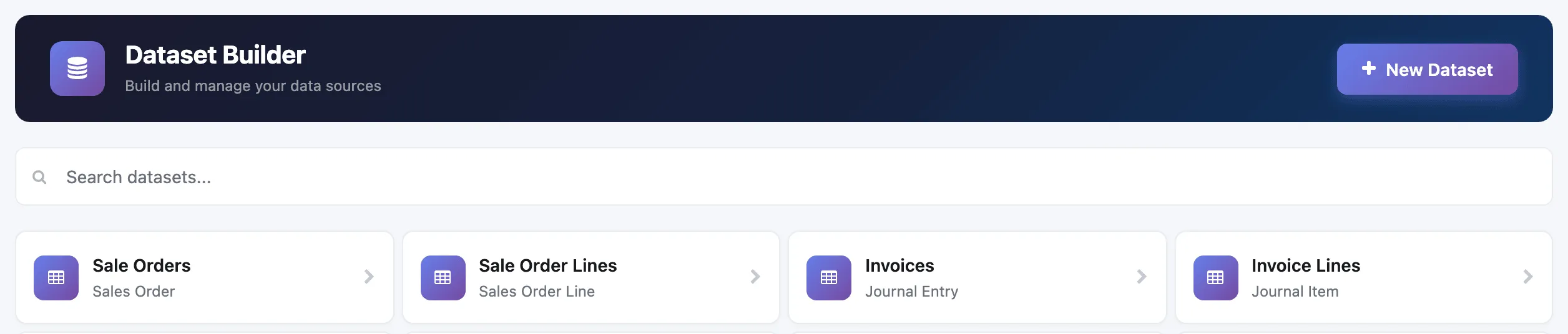 The Dataset Builder landing screen with the New Dataset button, a search bar and a card for each dataset