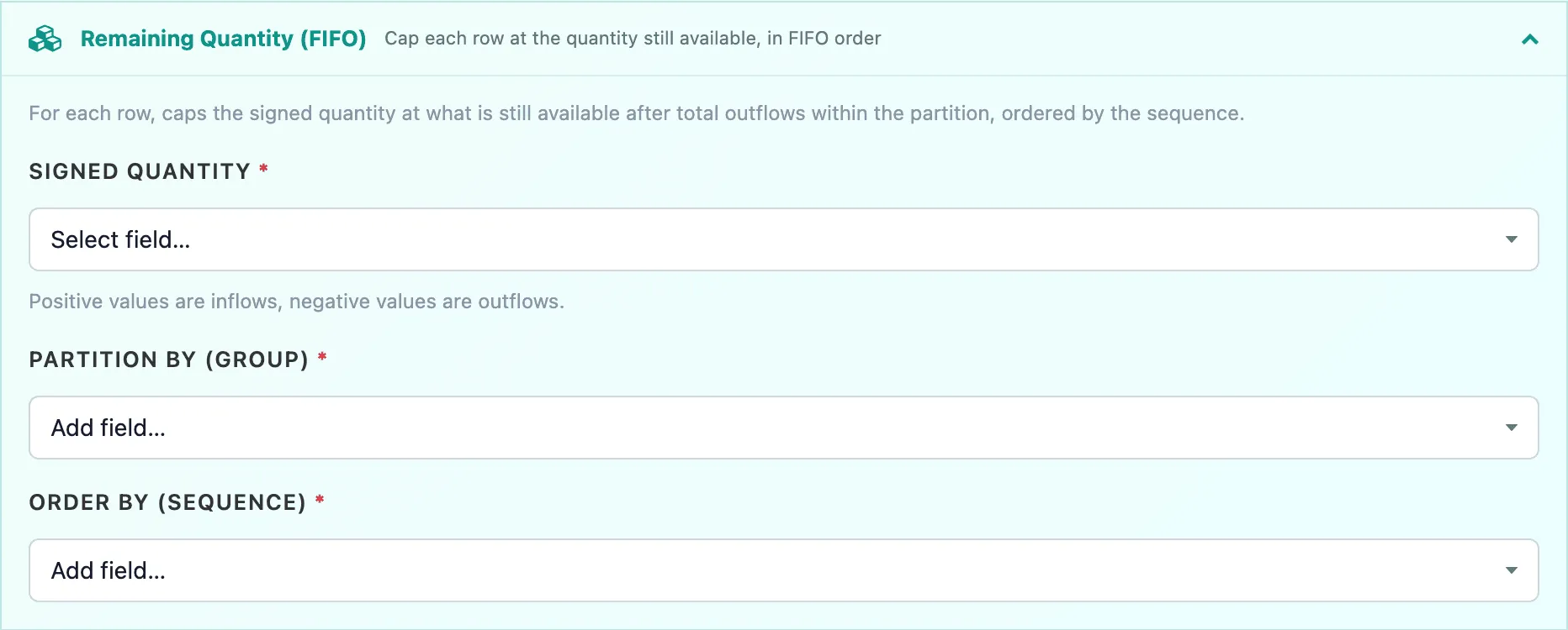 The Remaining Quantity (FIFO) tool with Signed Quantity, Partition By (Group) and Order By (Sequence)