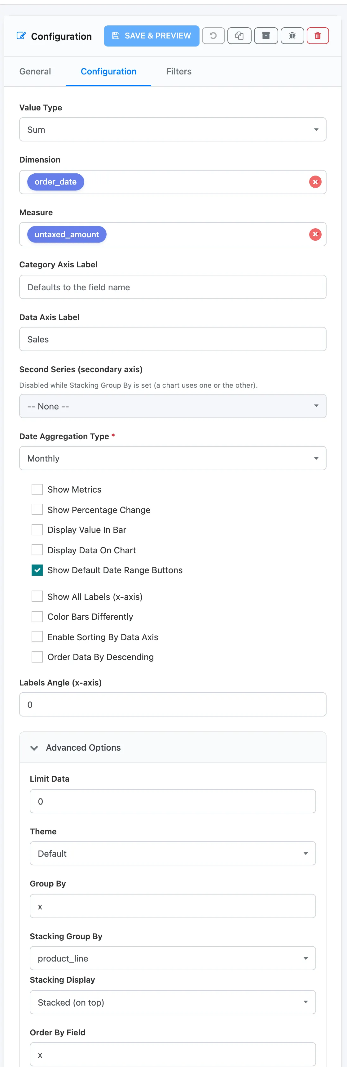 The Configuration tab of Monthly Sales by Product Line: Dimension order_date, Measure untaxed_amount, Data Axis Label Sales, Date Aggregation Type Monthly, the display checkboxes and the Advanced Options with Stacking Group By product_line and Stacking Display Stacked (on top)