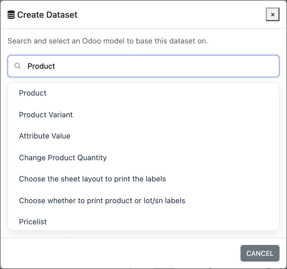 The Create Dataset window with Product typed in the model search and a list of matching models