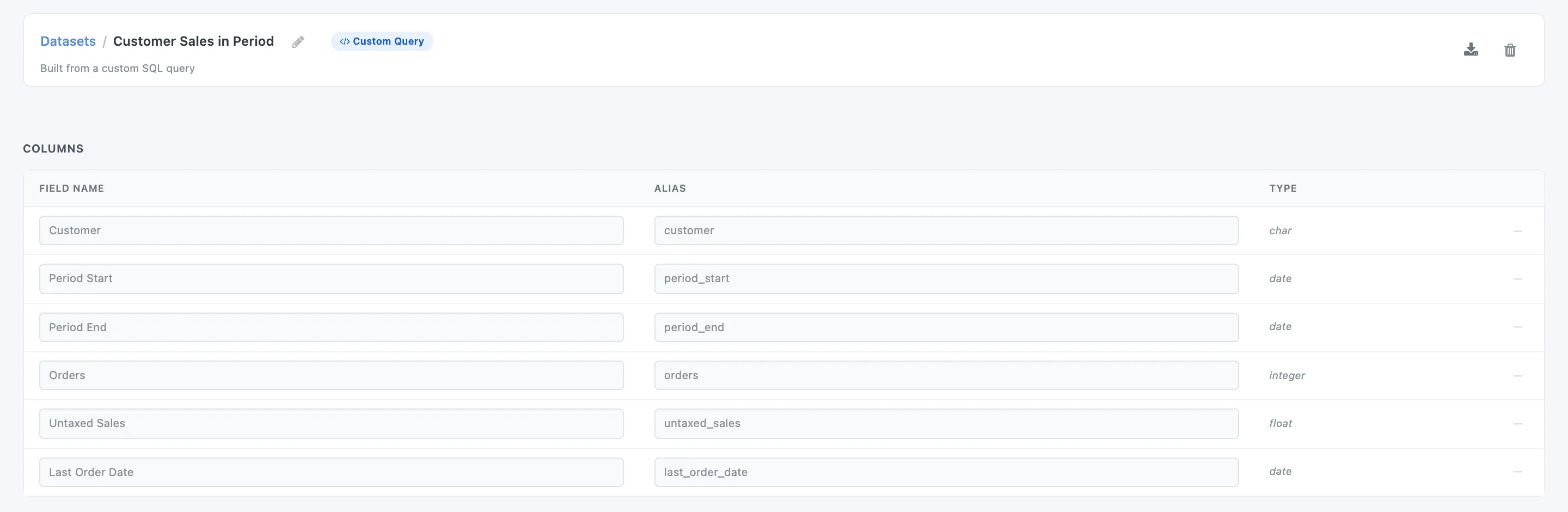 Customer Sales in Period in the Dataset Builder with the Custom Query badge, read-only columns and sample data