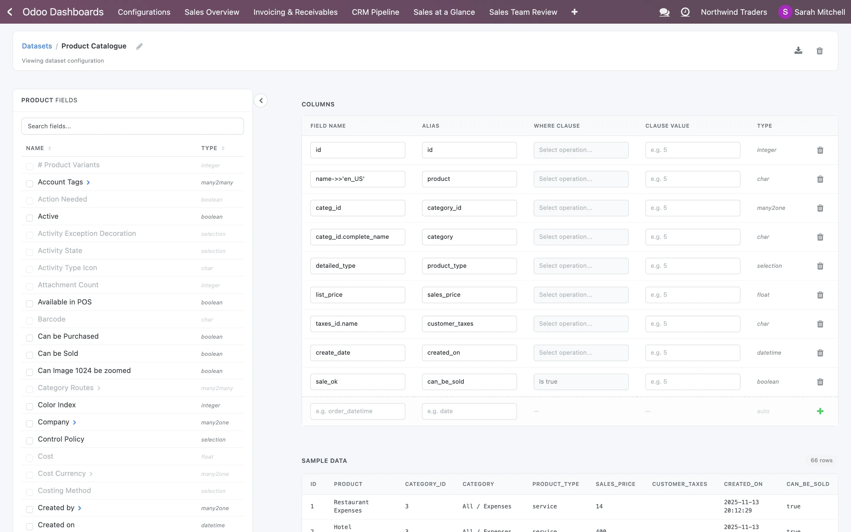 The Product Catalogue dataset: Product Fields on the left, the Columns table on the right with Field Name, Alias, Where Clause, Clause Value and Type