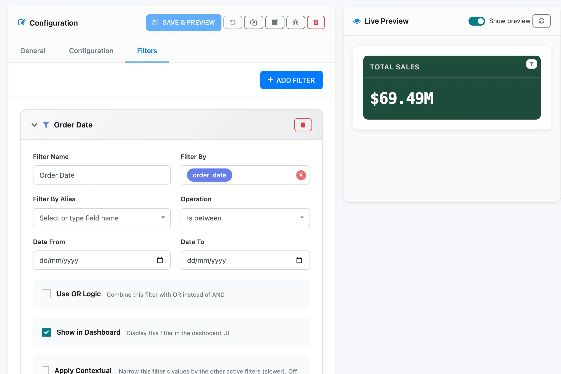 An Order Date filter on the Filters tab: Filter By order_date, Operation Is between, Show in Dashboard and Range Mode ticked