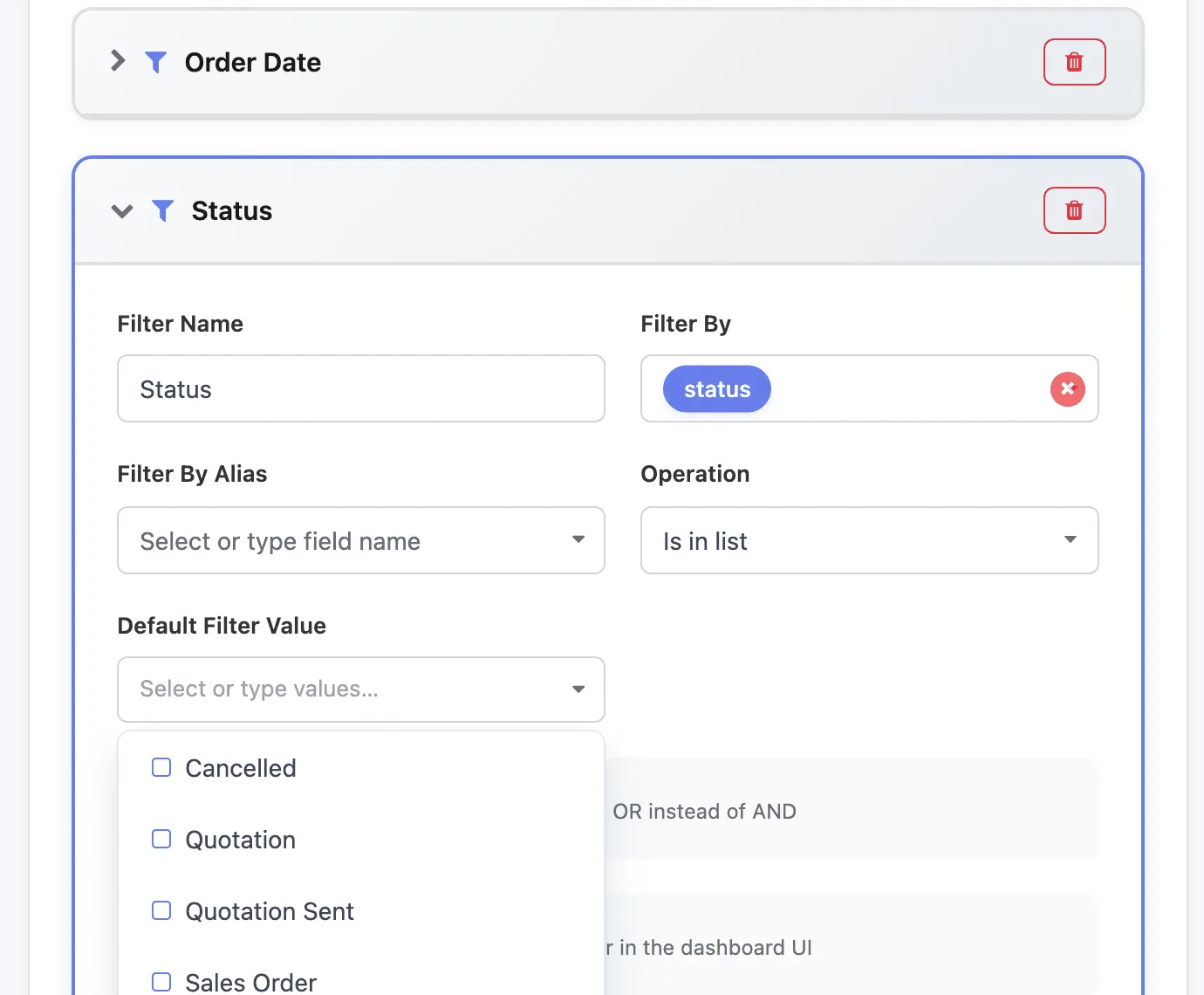 The Default Filter Value picker of the Status filter open, listing Cancelled, Quotation, Quotation Sent and Sales Order with checkboxes