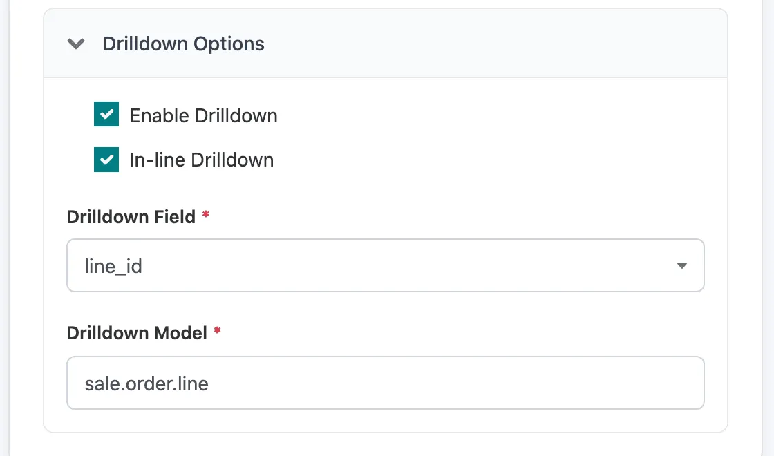 Drilldown Options with Enable Drilldown and In-line Drilldown ticked, Drilldown Field line_id and Drilldown Model sale.order.line