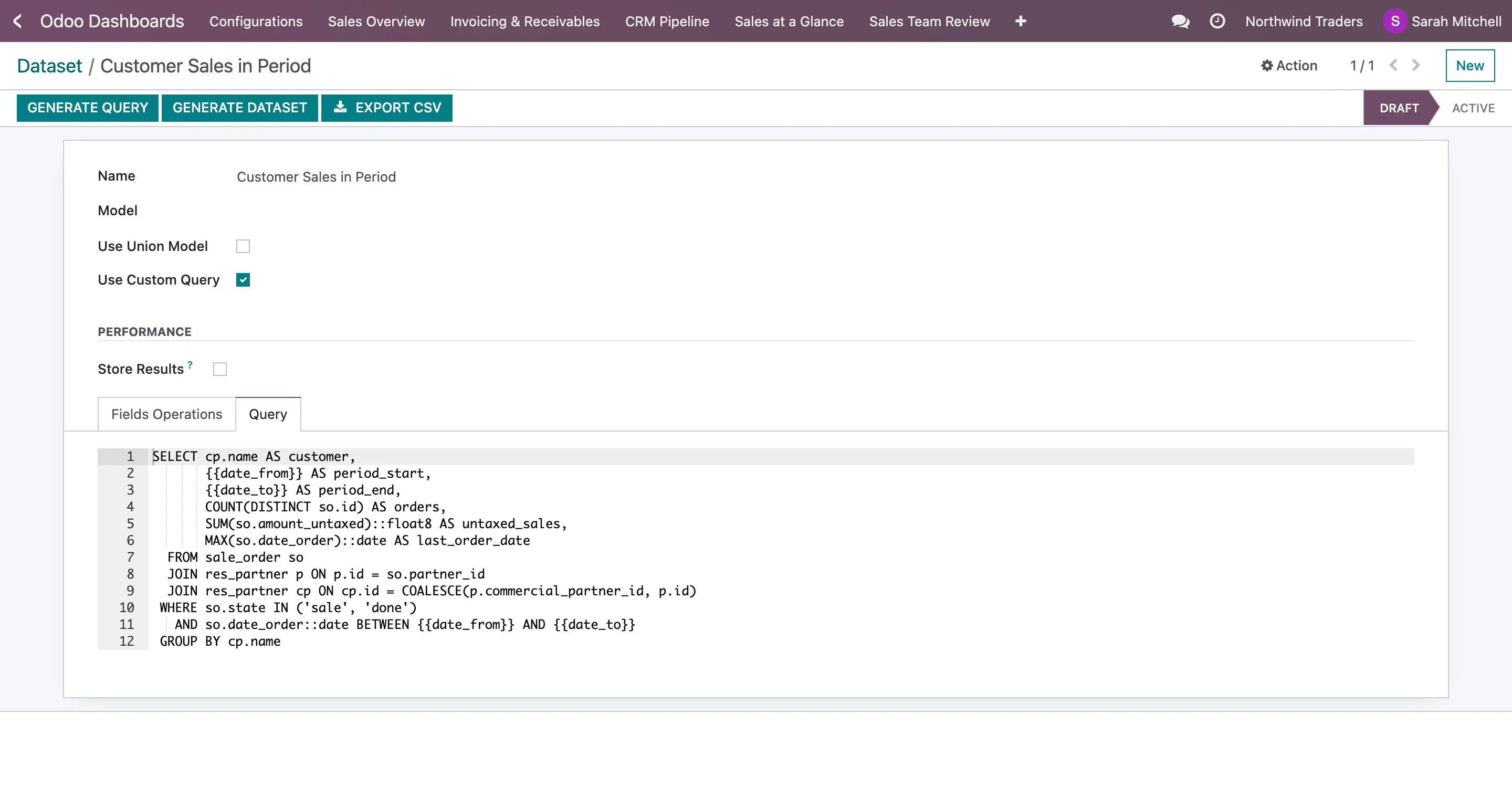 The DTS form of Customer Sales in Period with Use Custom Query ticked and the SQL on the Query tab, using {{date_from}} and {{date_to}}