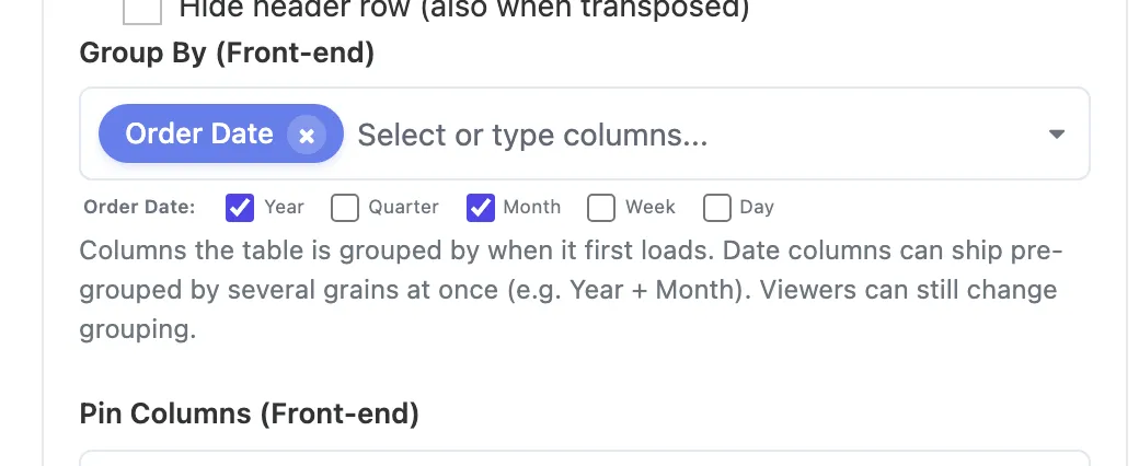 The Group By (Front-end) setting with Order Date selected and its grains Year and Month ticked, above the help text