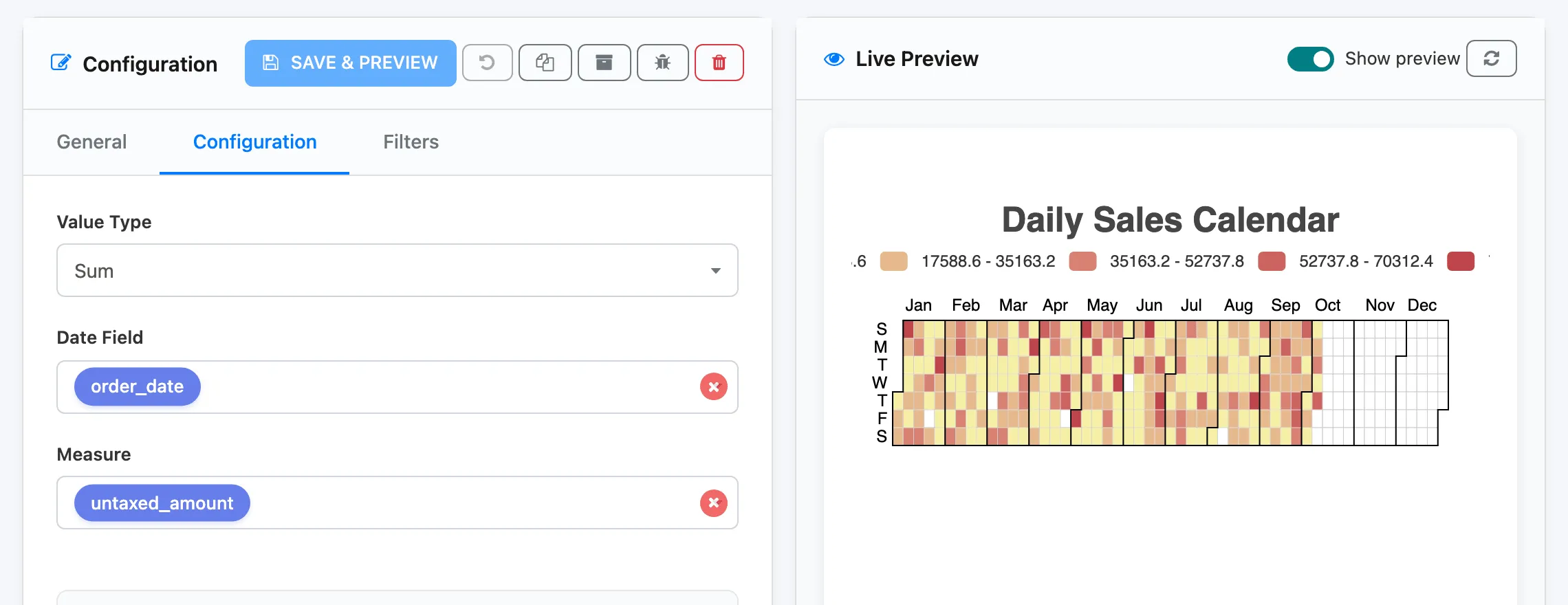 The Configuration tab of Daily Sales Calendar: Value Type Sum, Date Field order_date and Measure untaxed_amount, with the calendar in the live preview