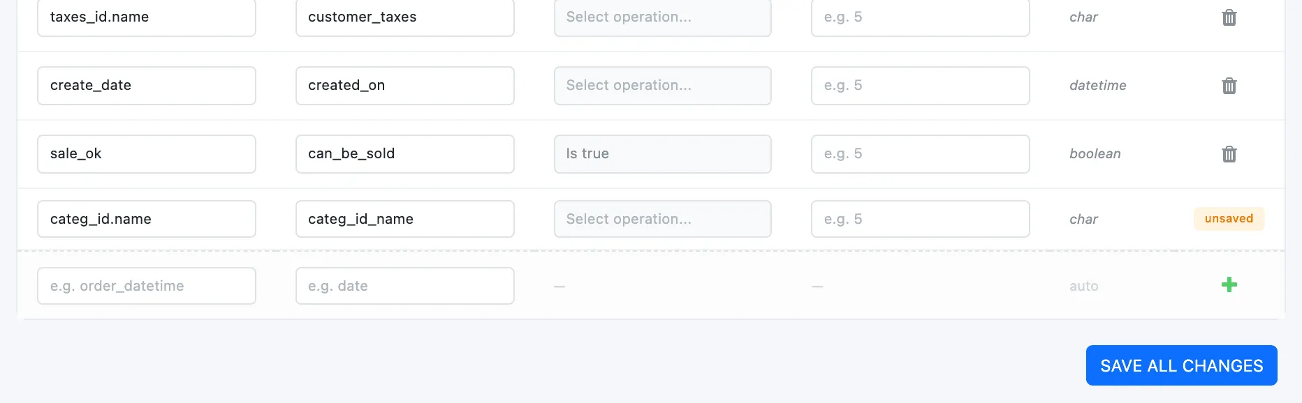 An inserted categ_id.name column with an unsaved badge, and the Save All Changes button