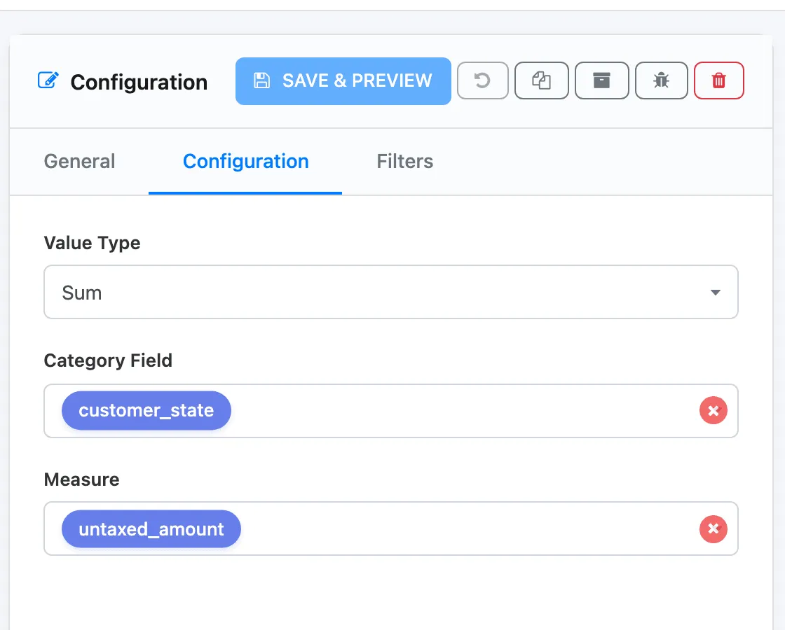 The Configuration tab of the map: Value Type Sum, Category Field customer_state and Measure untaxed_amount