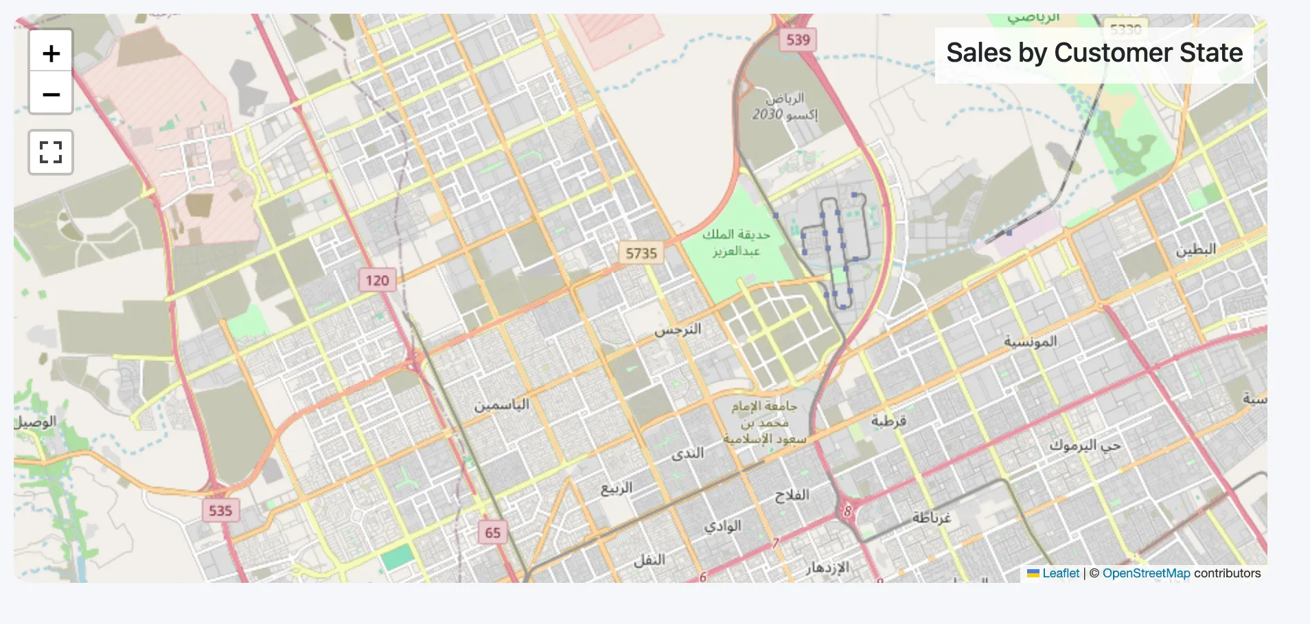 The same map as it first opens: a street map of Riyadh with no markers in view