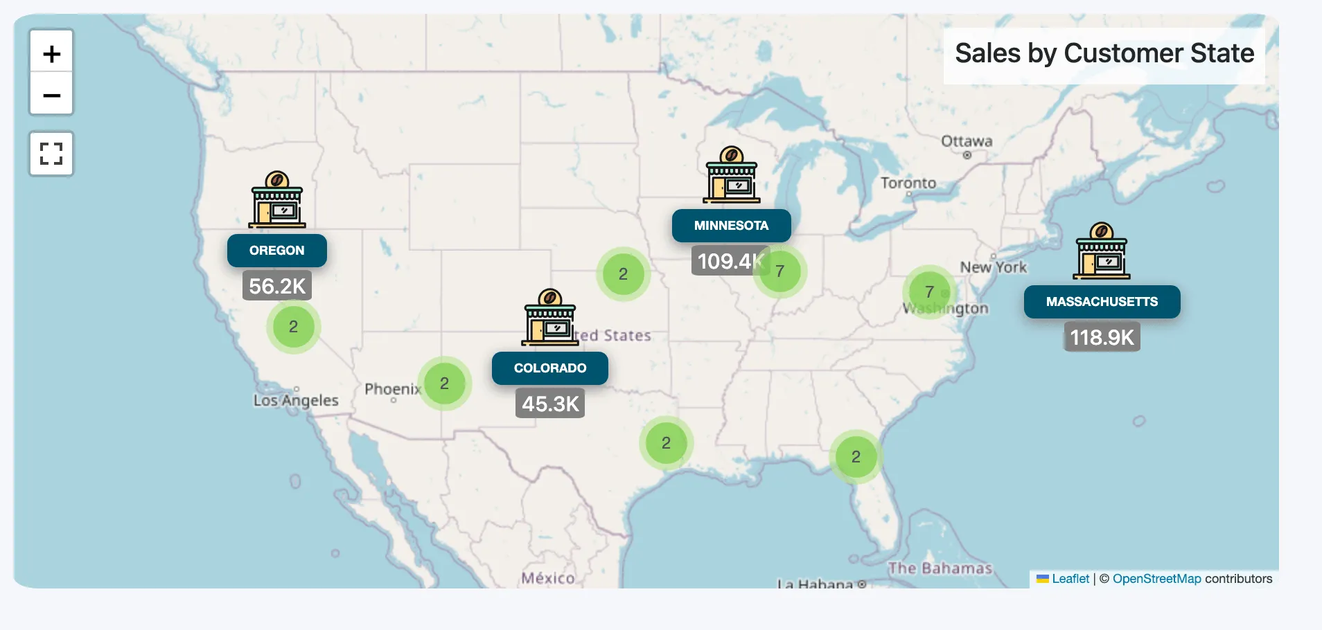 Sales by Customer State: a map of the United States with markers for Oregon (56.2K), Colorado (45.3K), Minnesota (109.4K) and Massachusetts (118.9K), and green circles with counts where states are grouped