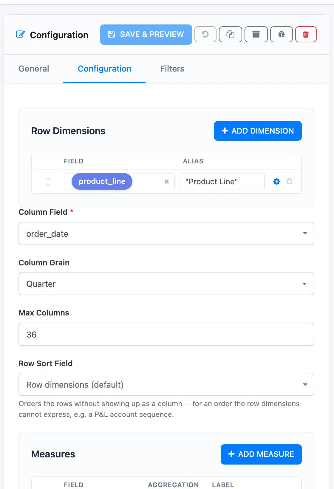 The Configuration tab: Row Dimensions product_line with alias Product Line, Column Field order_date, Column Grain Quarter, Max Columns 36, Row Sort Field Row dimensions (default), and two measures, Sales and Units, both Sum