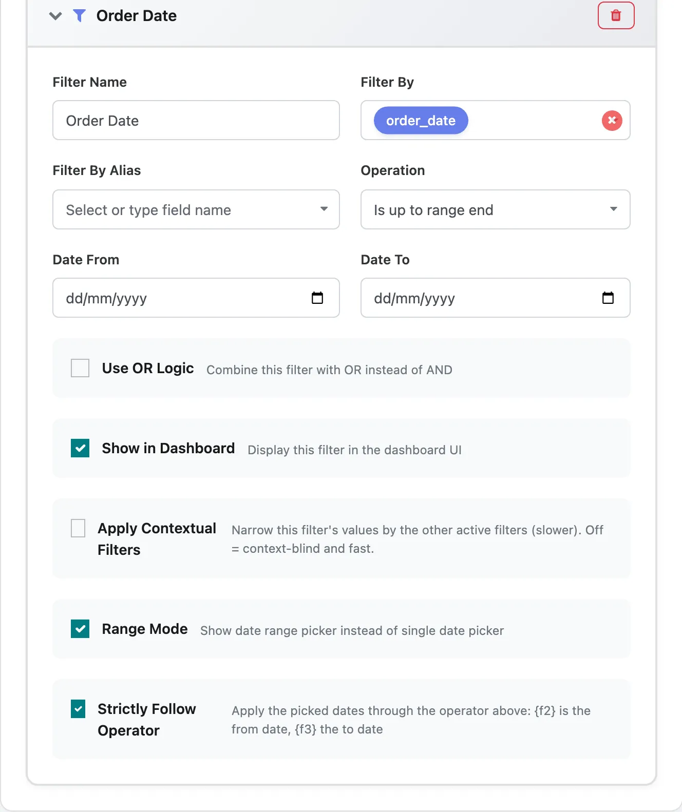 The Order Date filter: Filter By order_date, Operation Is up to range end, Show in Dashboard, Range Mode and Strictly Follow Operator ticked