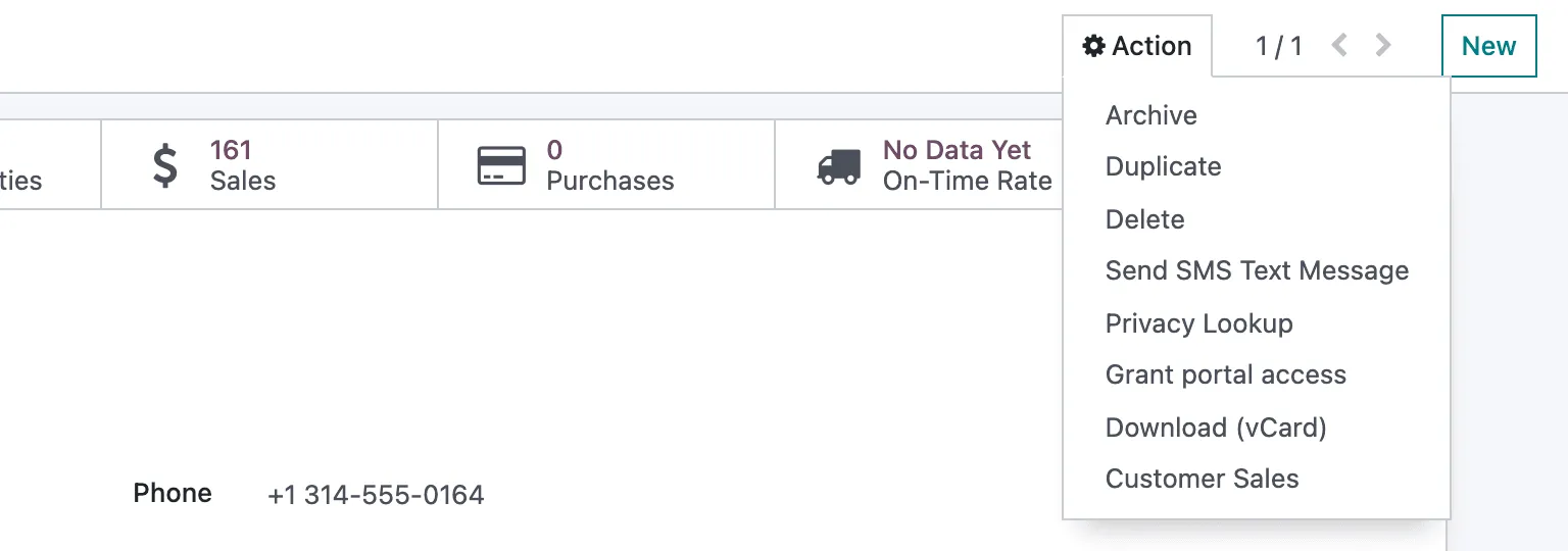 The Action menu of the BlueCrest Retail contact, with Customer Sales at the bottom