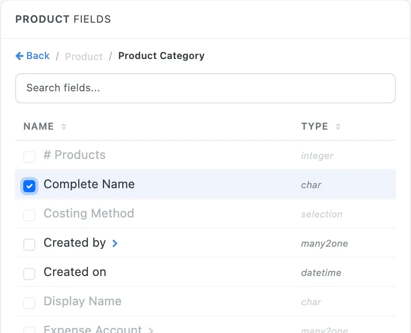 The field panel inside Product Category, reached from Product, with Complete Name ticked