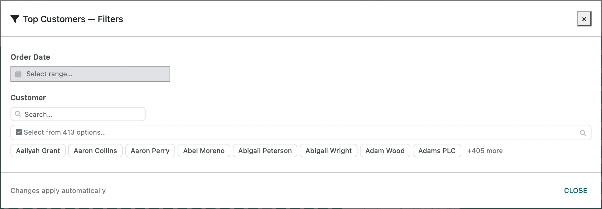 The Top Customers — Filters window: the Customer filter offers Select from 413 options, starting with individual contacts