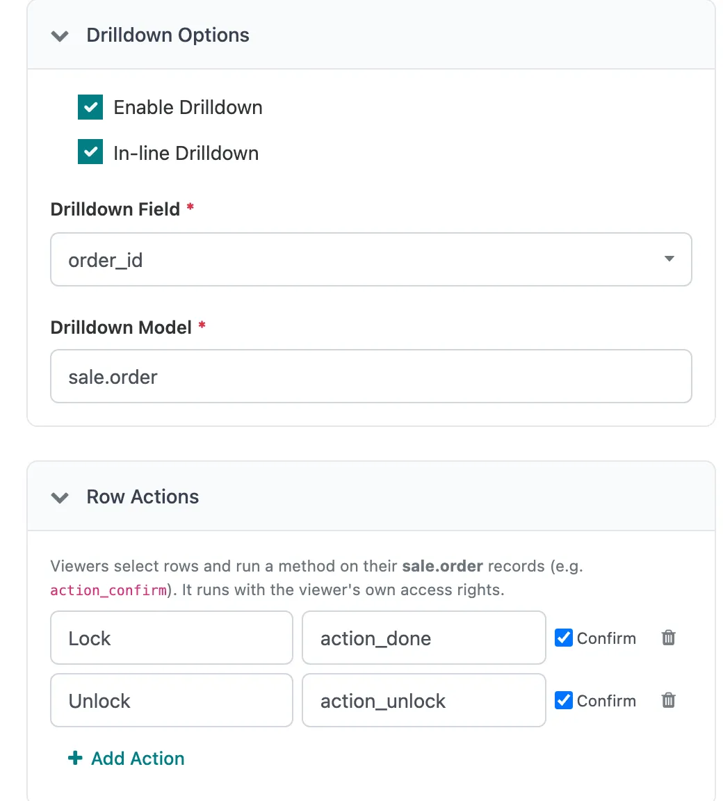 Drilldown Options with Enable Drilldown and In-line Drilldown ticked, Drilldown Field order_id and Drilldown Model sale.order; Row Actions below with Lock running action_done and Unlock running action_unlock, both with Confirm ticked