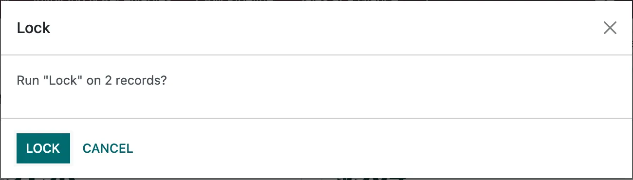 A confirmation window titled Lock: Run Lock on 2 records? with Lock and Cancel buttons