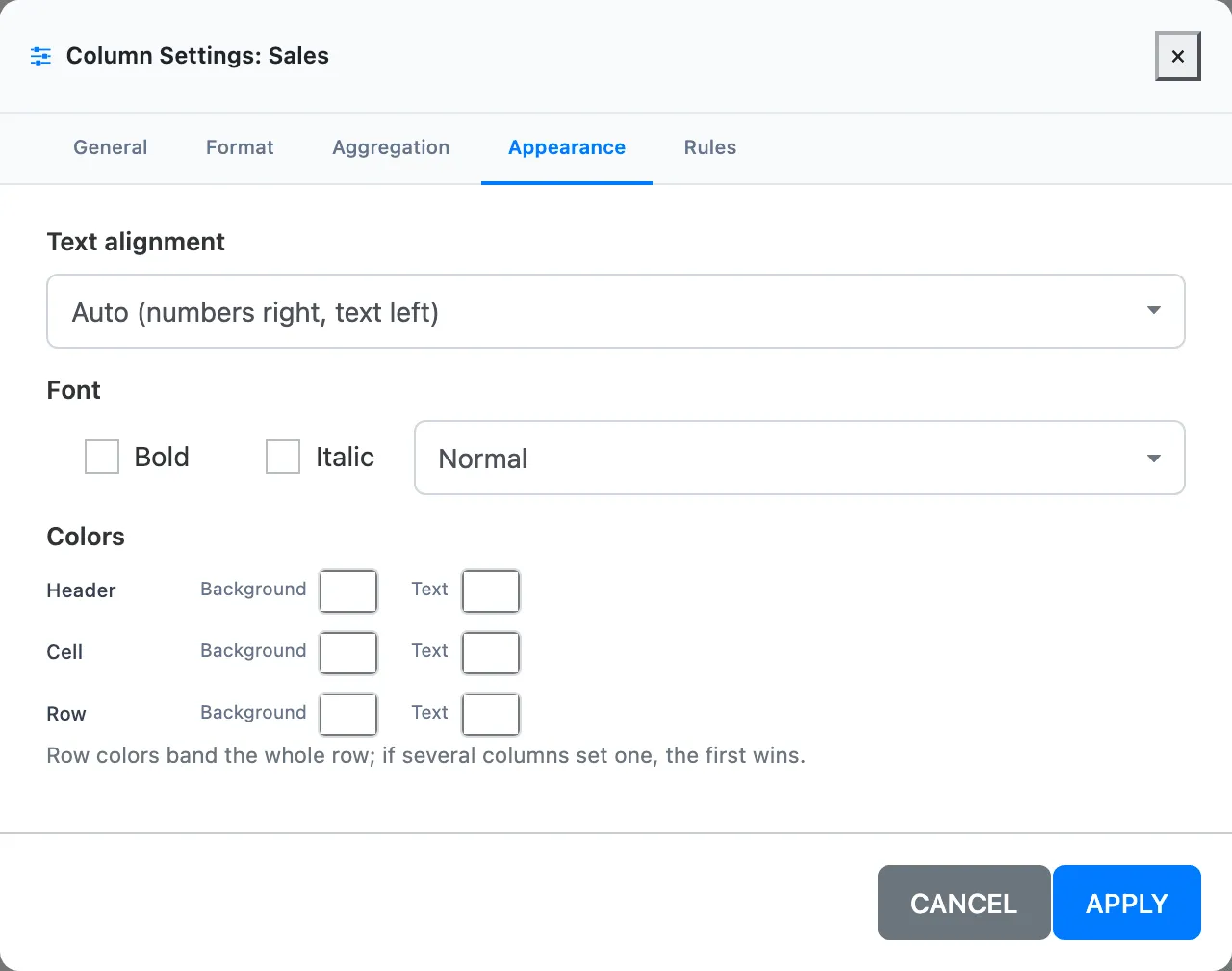 The Appearance tab: Text alignment Auto (numbers right, text left), Font with Bold, Italic and size Normal, and a grid of Header, Cell and Row background and text colours