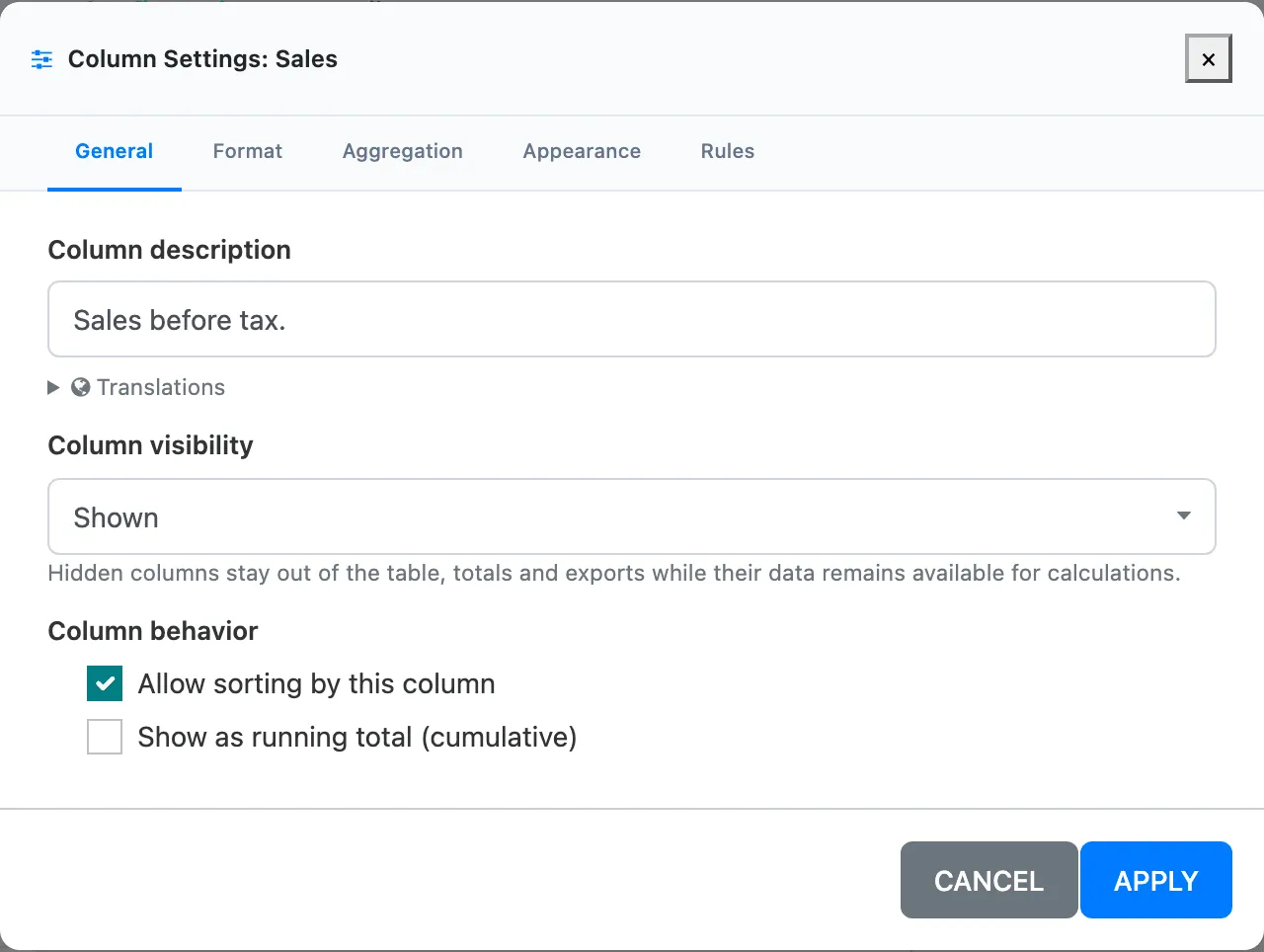 The General tab of Column Settings for the Sales column: Column description, Translations, Column visibility set to Shown, and the Column behavior checkboxes
