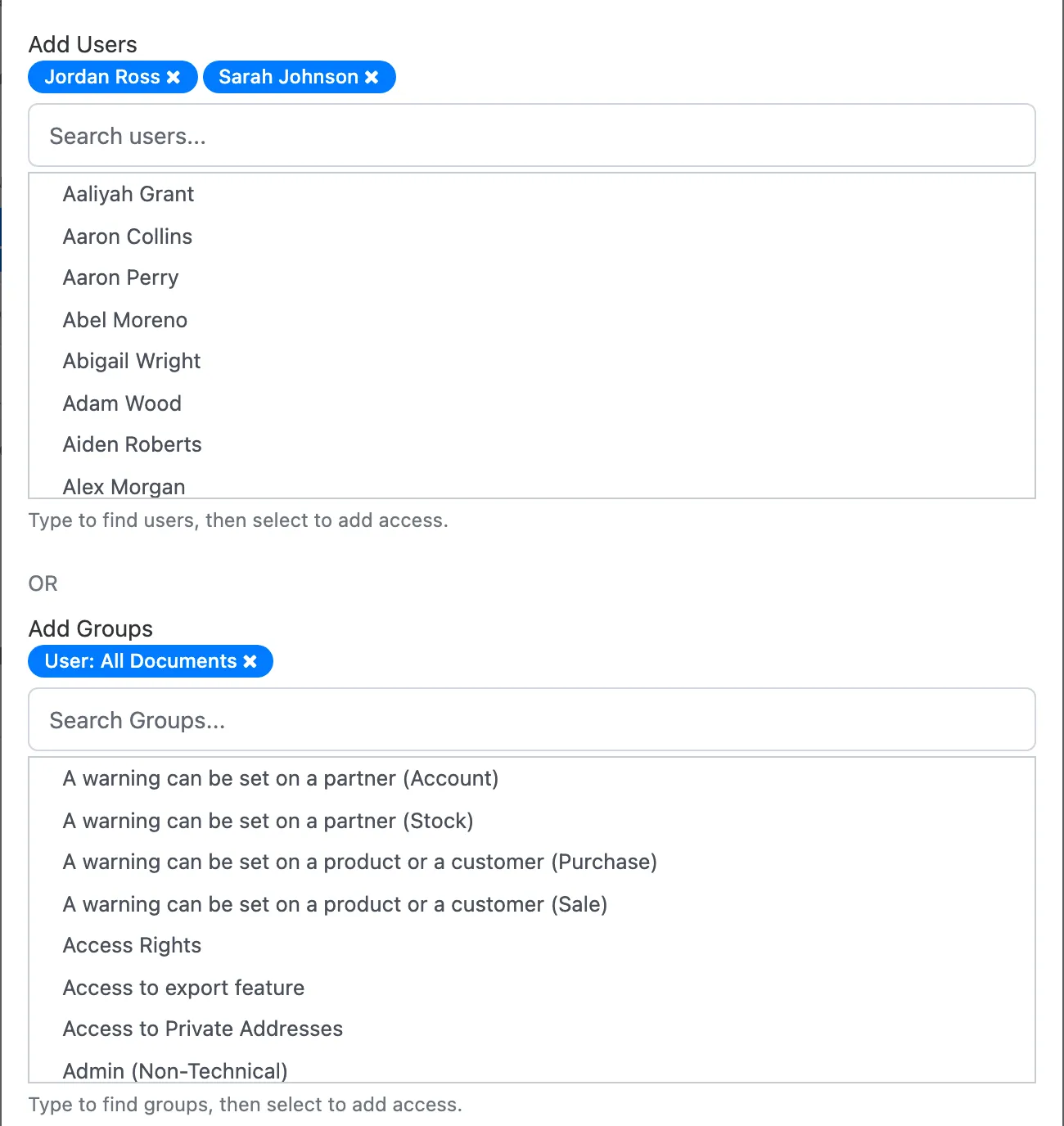 The Add Users and Add Groups fields of Dashboard Settings, with Jordan Ross and Sarah Johnson added as users and User: All Documents as a group