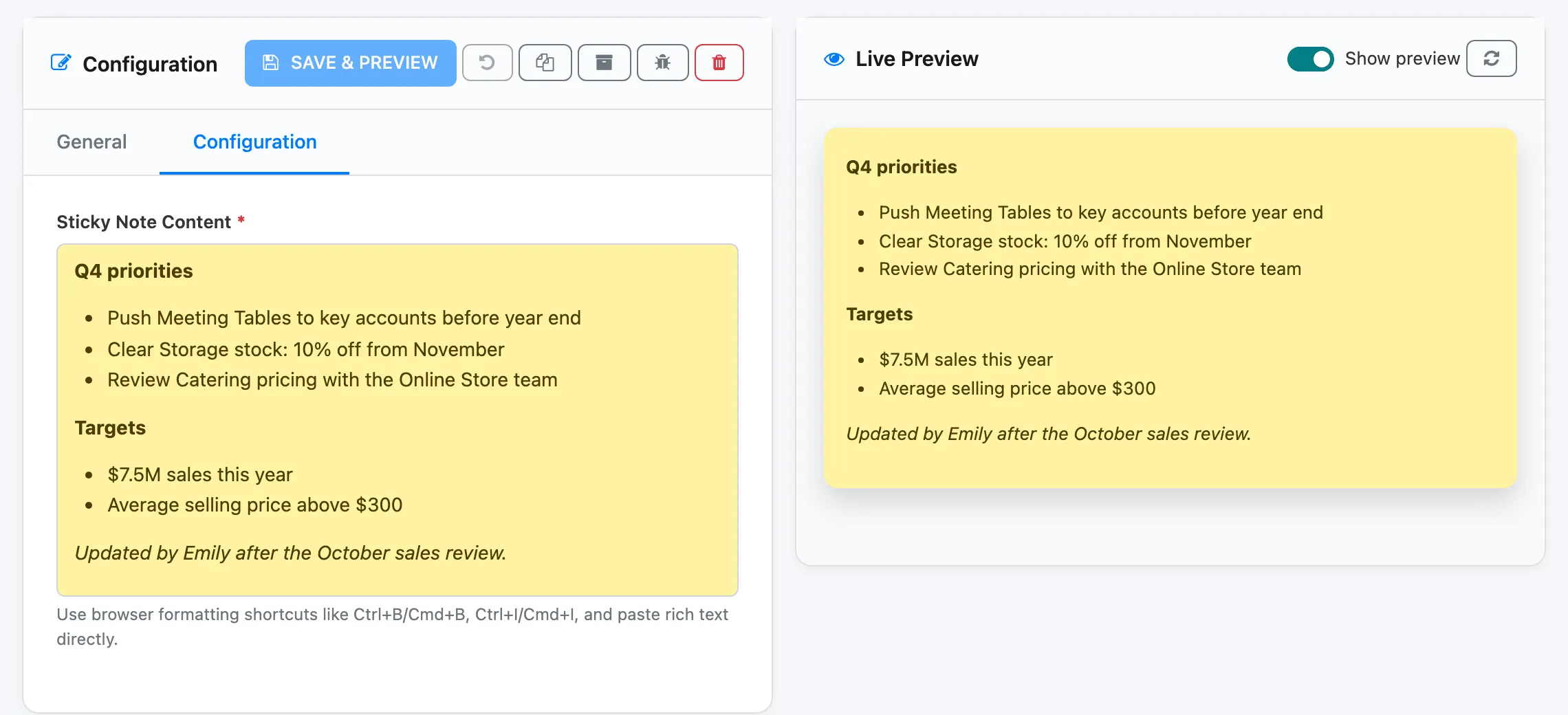 The Configuration tab of a sticky note: the Sticky Note Content editor with the formatted note, and the same note in the live preview