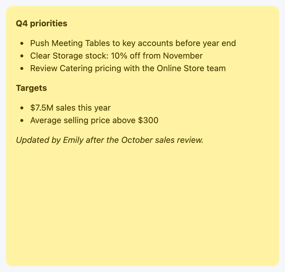 A yellow sticky note with the quarter's priorities