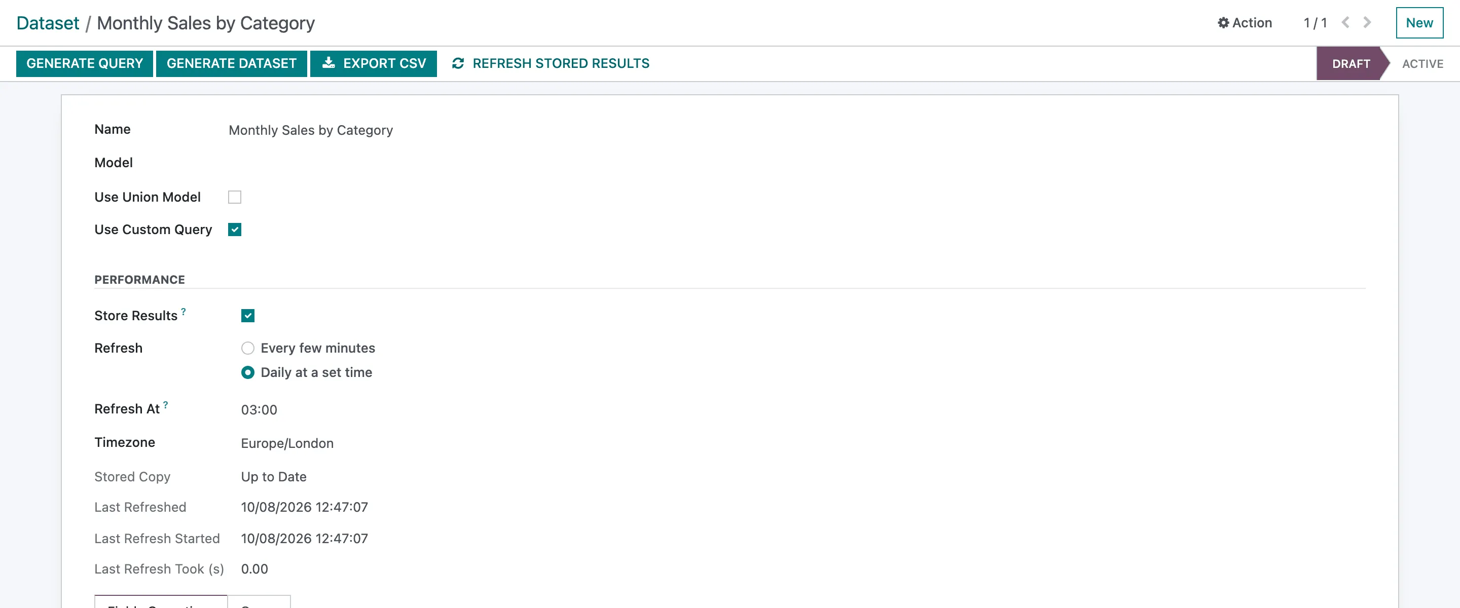 The Monthly Sales by Category dataset in DTS with Store Results ticked, Refresh Daily at a set time, Refresh At 03:00, Stored Copy Up to Date and the Refresh Stored Results button