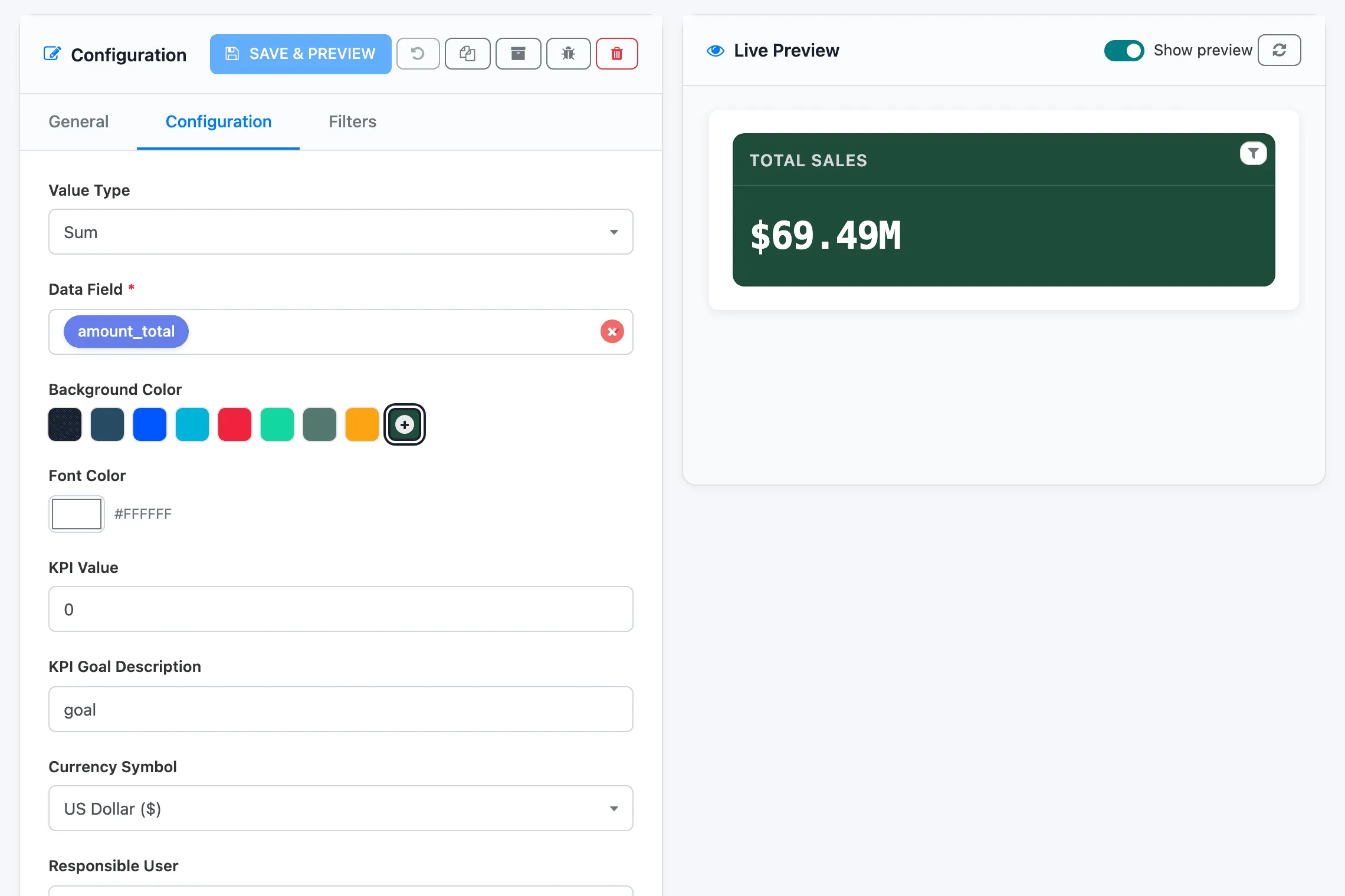 The Total Sales tile in the builder: Value Type Sum, Data Field amount_total, a green background, and the tile in the live preview