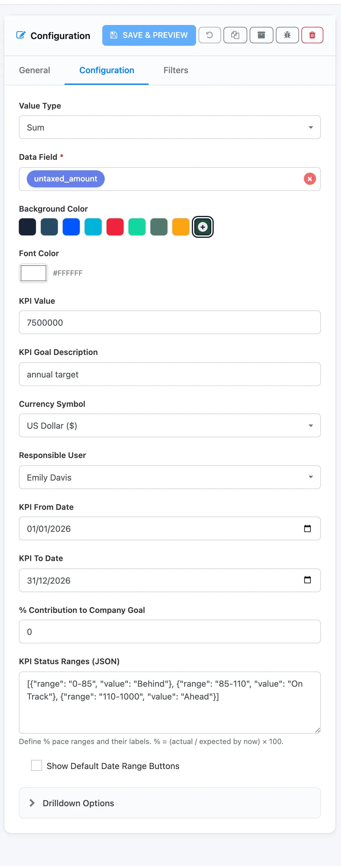 The Configuration tab of the Sales This Year tile: Value Type Sum, Data Field untaxed_amount, the colour swatches, KPI Value 7500000, KPI Goal Description annual target, Currency Symbol US Dollar, Responsible User Emily Davis, the KPI dates and the KPI Status Ranges
