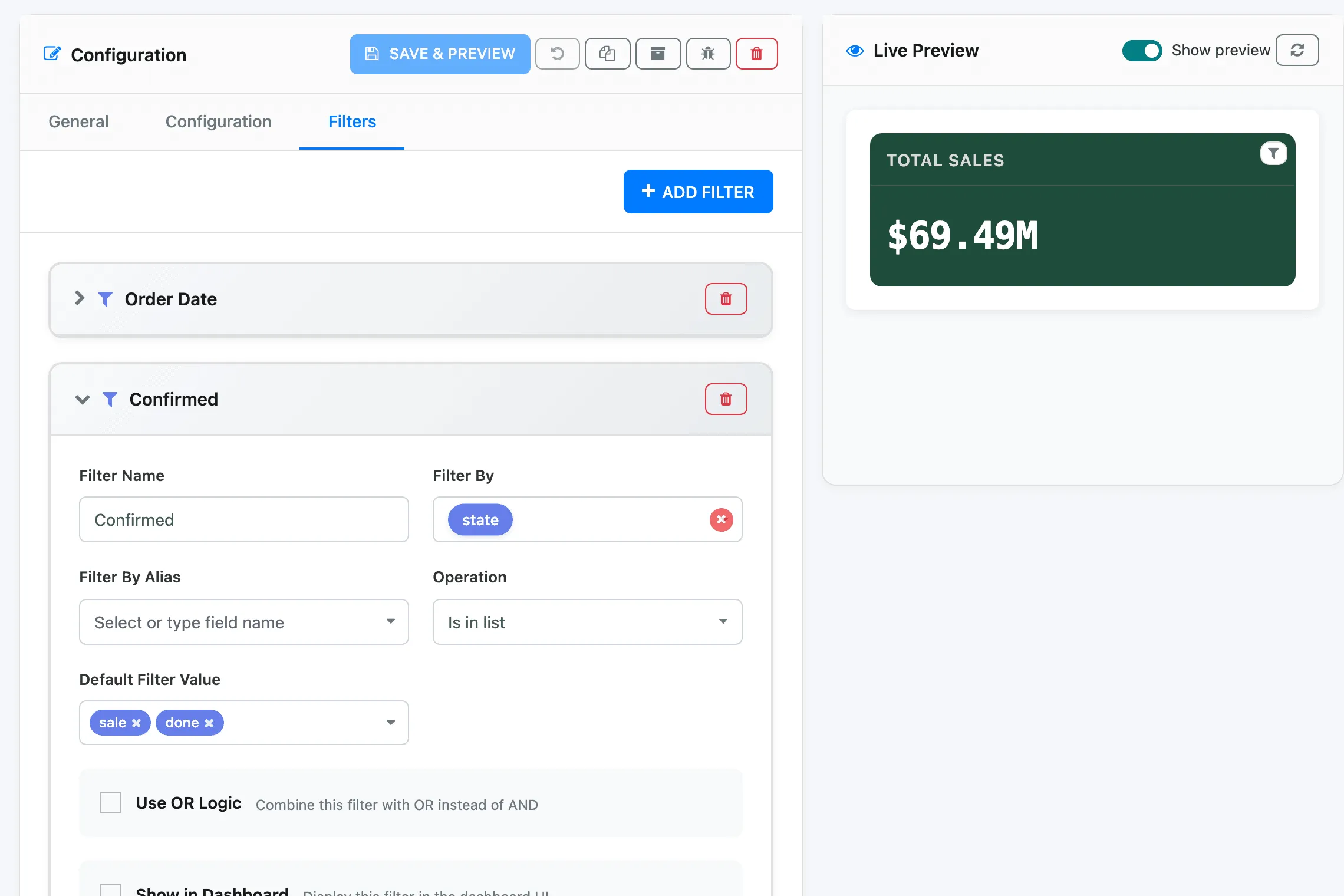 The Filters tab with a Confirmed filter: Filter By state, Operation Is in list, values sale and done