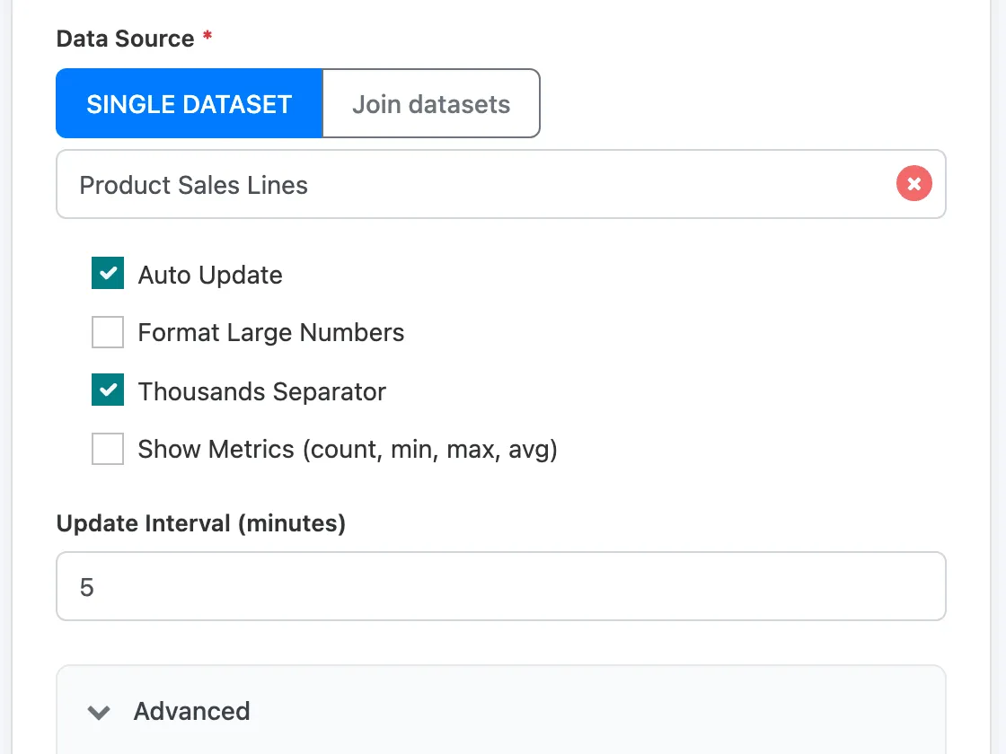 The General tab of the Sales Today tile with Auto Update and Thousands Separator ticked and Update Interval (minutes) set to 5