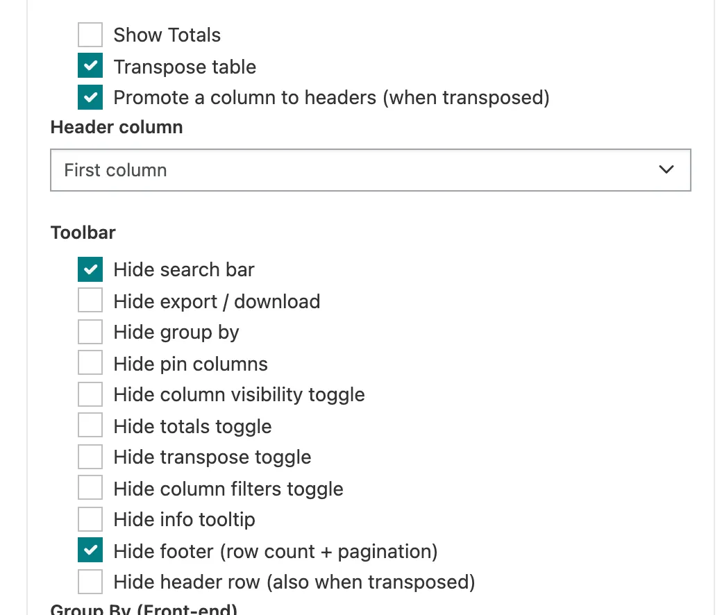 The Advanced section: Show Totals, Transpose table and Promote a column to headers, Header column First column, then the Toolbar list with Hide search bar and Hide footer ticked