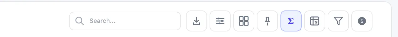 A table toolbar: the Search box, then the Export, Toggle Columns, Group By, Pin Columns, Show Totals, Transpose, Column Filters and info buttons