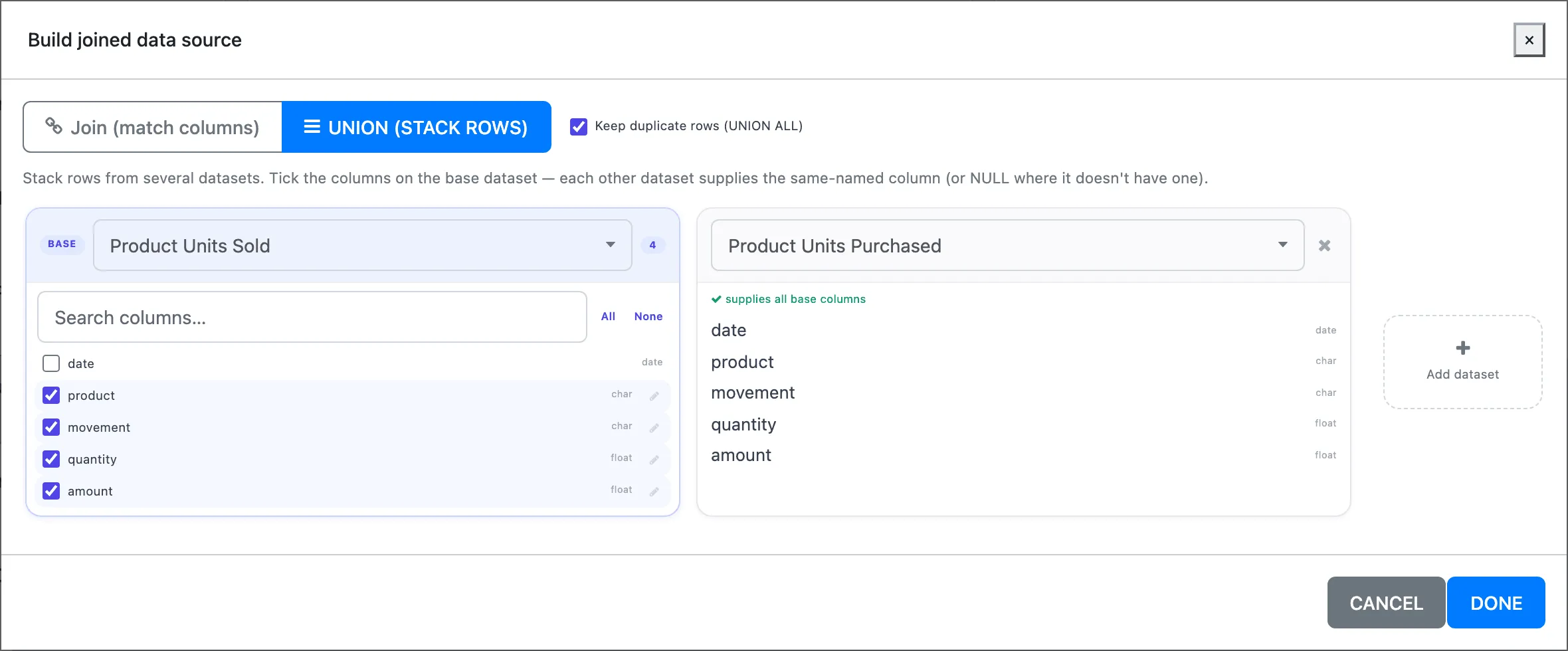 The Union (stack rows) mode with Keep duplicate rows (UNION ALL) ticked, Product Units Sold as the base with product, movement, quantity and amount ticked, and Product Units Purchased supplying all base columns