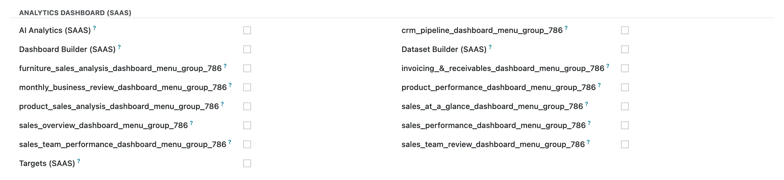 The Access Rights tab of a user in developer mode, showing the Analytics Dashboard (SAAS) section