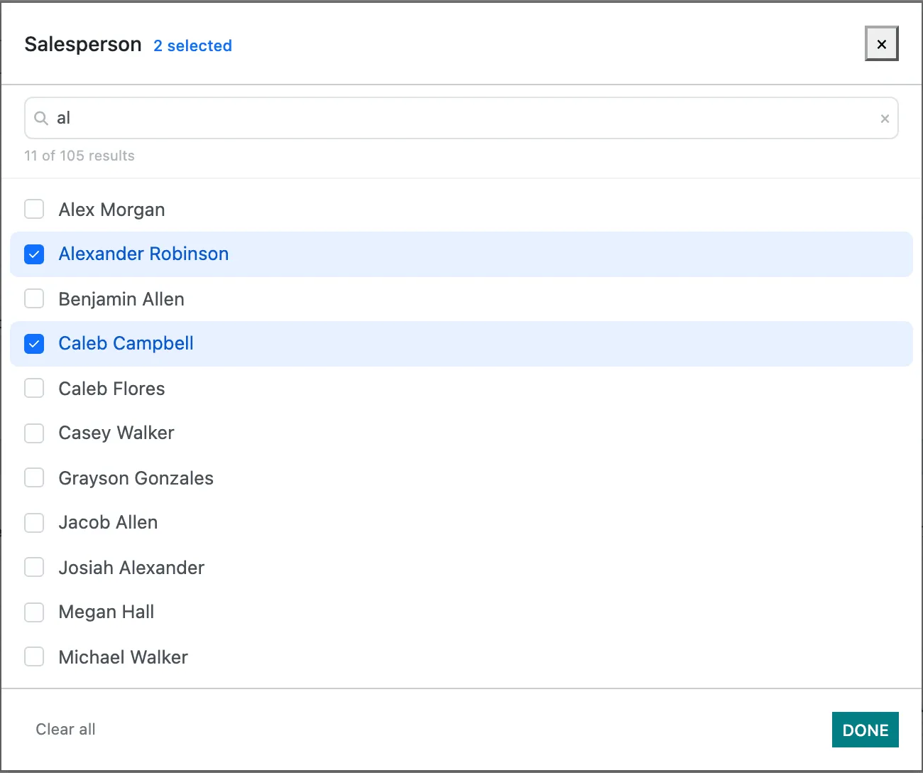 The Salesperson value window: search al, 11 of 105 results, two salespeople ticked, 2 selected