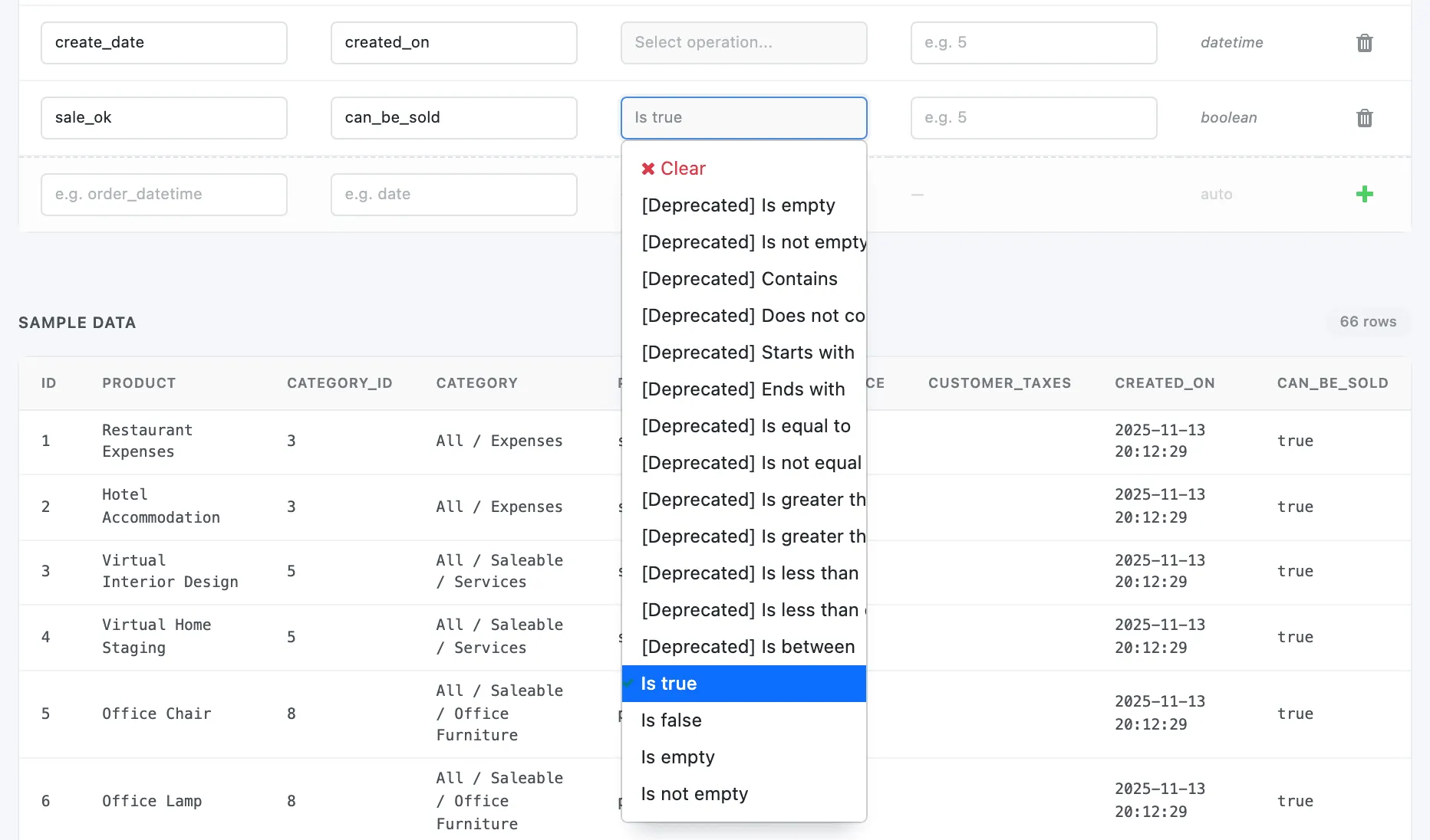 The Where Clause list opened on the can_be_sold column, with Is true selected and Is false, Is empty and Is not empty below